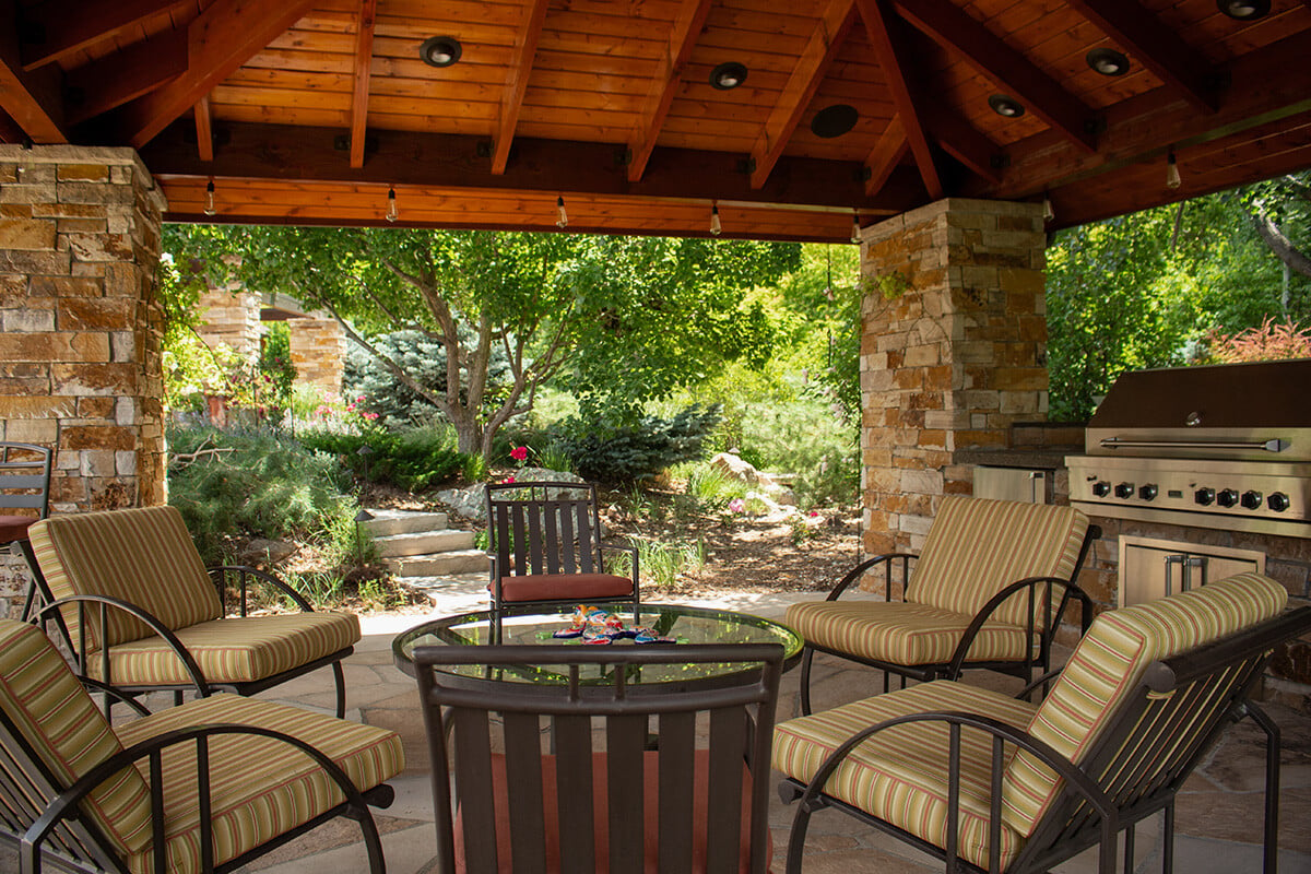 Pergola with brick columns and outdoor kitchen